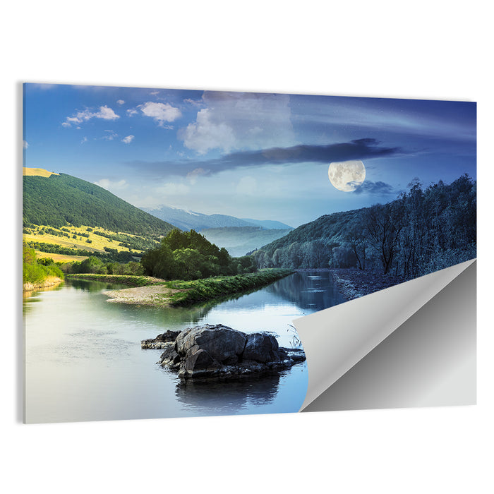 Moonlit Mountain River Wall Art as a poster print