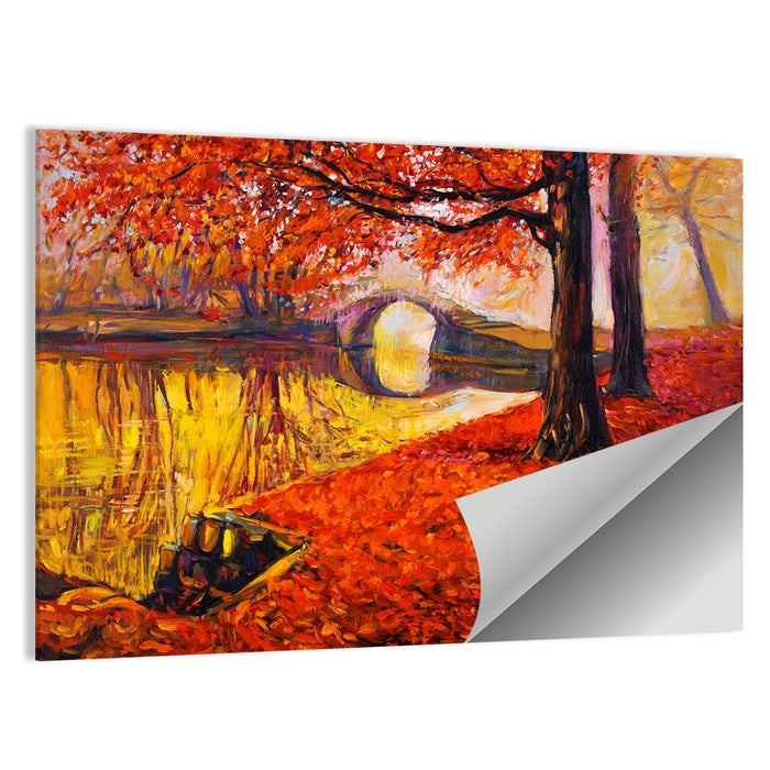 Autumn Bridge Over Golden Lake Wall Art as a poster print
