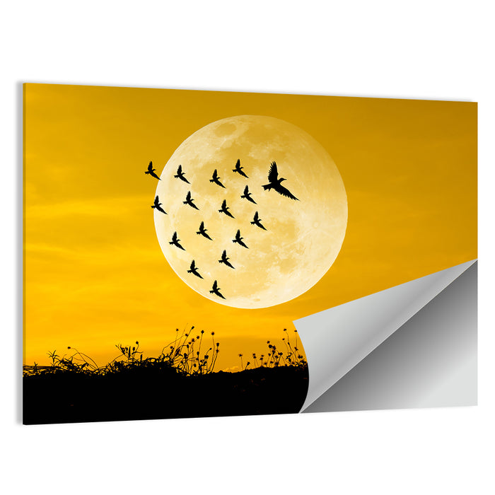 Moonlit Birds Over Wildflowers Wall Art as a poster print