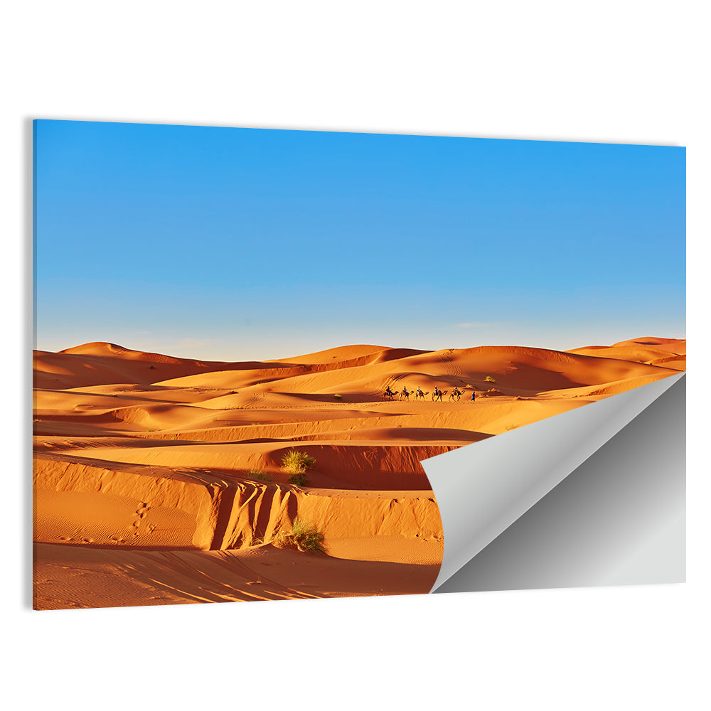 Sunlit Sahara Dunes with Camel Caravan Wall Art