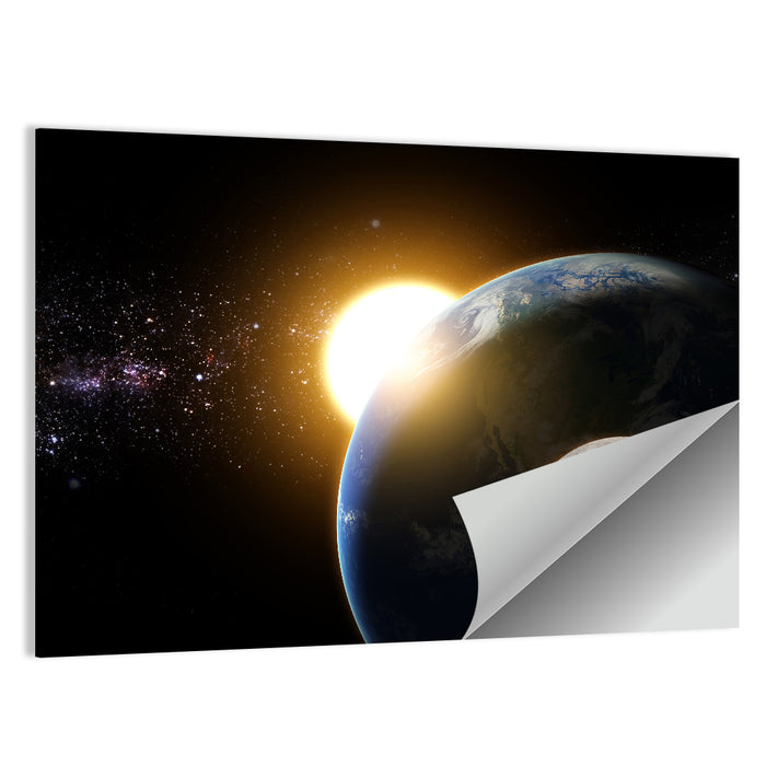 Sunflare Over Earth and Moon Wall Art as a poster print