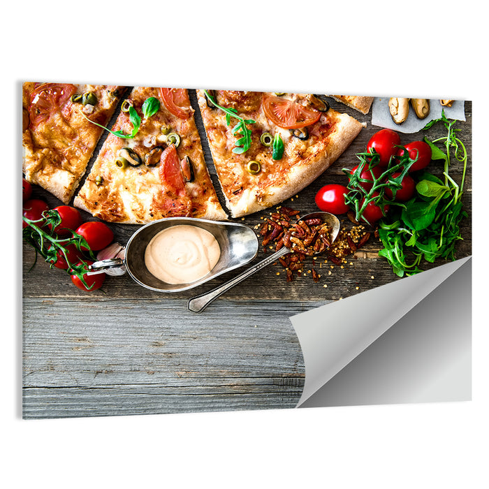Seafood Pizza with Mussels and Tomatoes Wall Art as a poster print