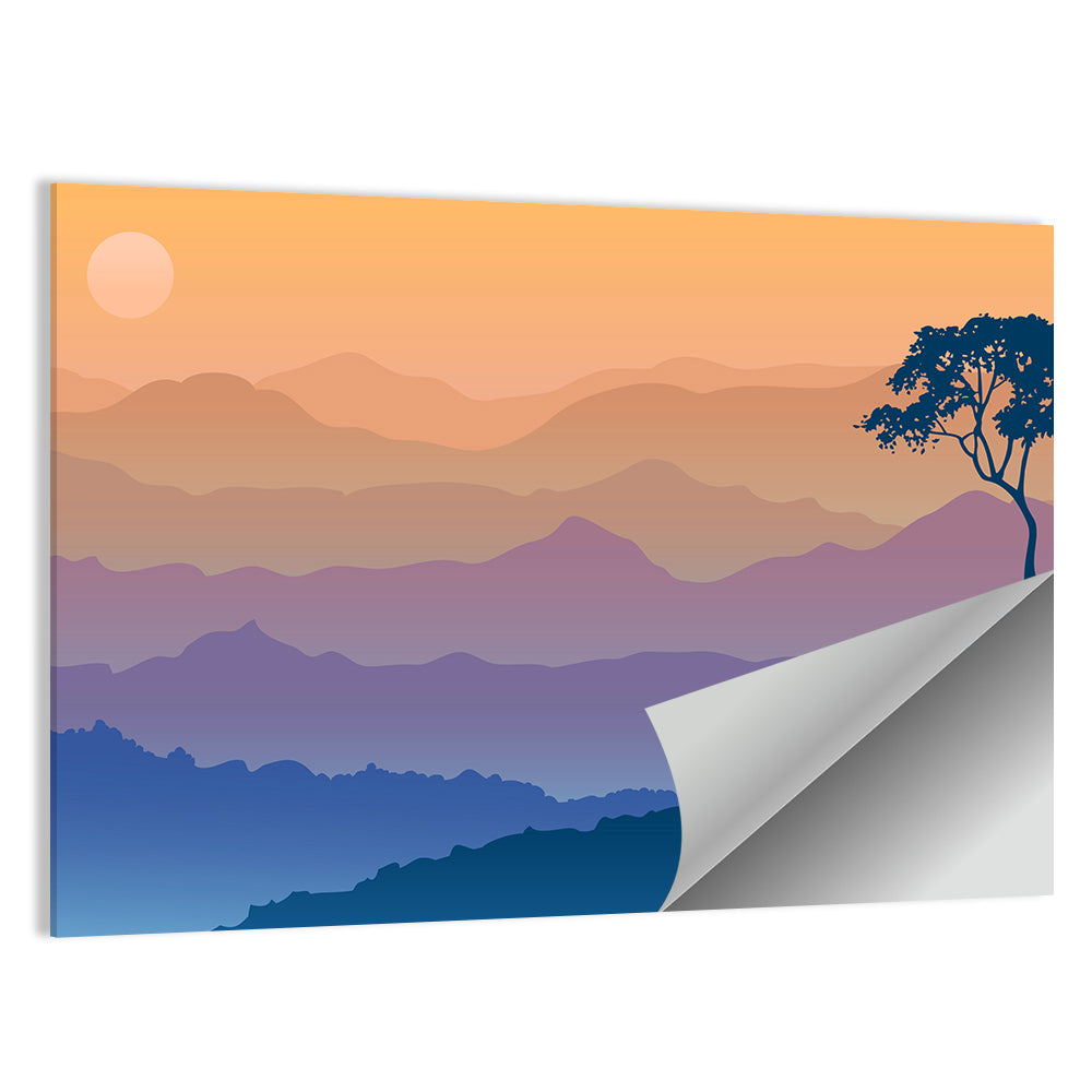 Layered Mountain Sunrise with Tree Silhouette Wall Art