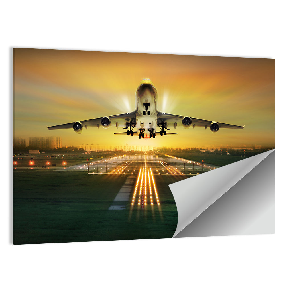 Passenger Plane Over Runway at Dusk Wall Art