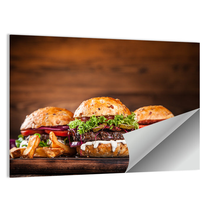 Rustic Homemade Burger Trio Wall Art as a poster print