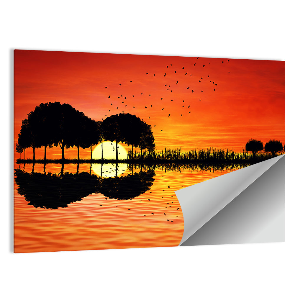 Trees Sunset On Lake Bank Wall Art