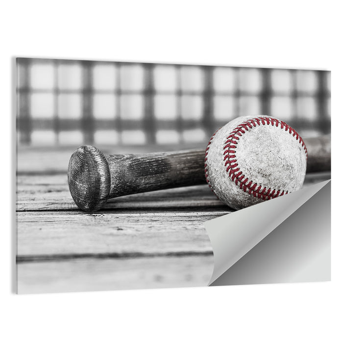 Worn Baseball and Bat on Wood Wall Art as a poster print
