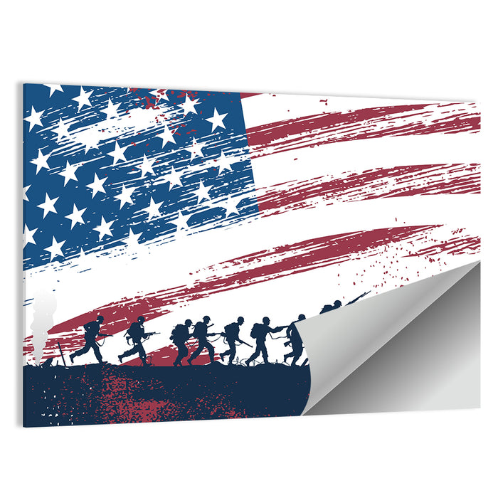 Silhouetted Soldiers with Distressed American Flag Wall Art as a poster print