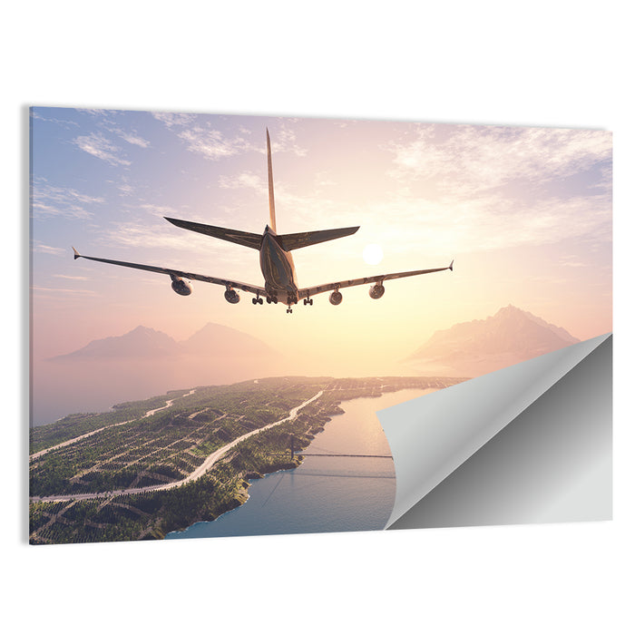 Airplane Over Island at Sunset Wall Art as a poster print