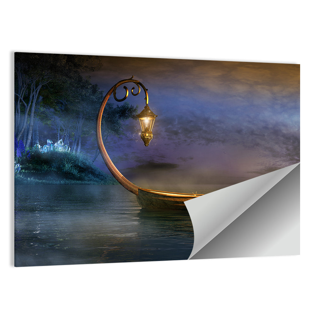 Lantern Boat on a Misty Lake Wall Art