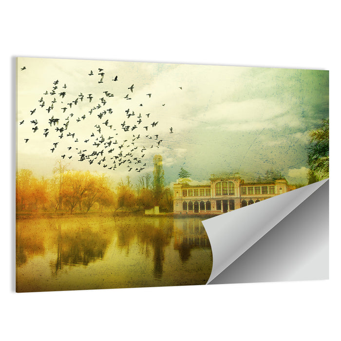 Old Mansion with Flock of Birds Wall Art as a poster print