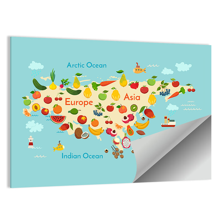 Illustrated Fruit World Map Wall Art as a poster print