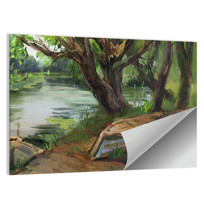 Overturned Boat on Quiet River Wall Art as a poster print