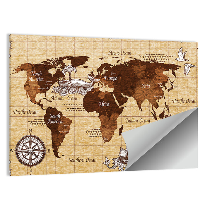 Vintage Nautical World Map Wall Art as a poster print