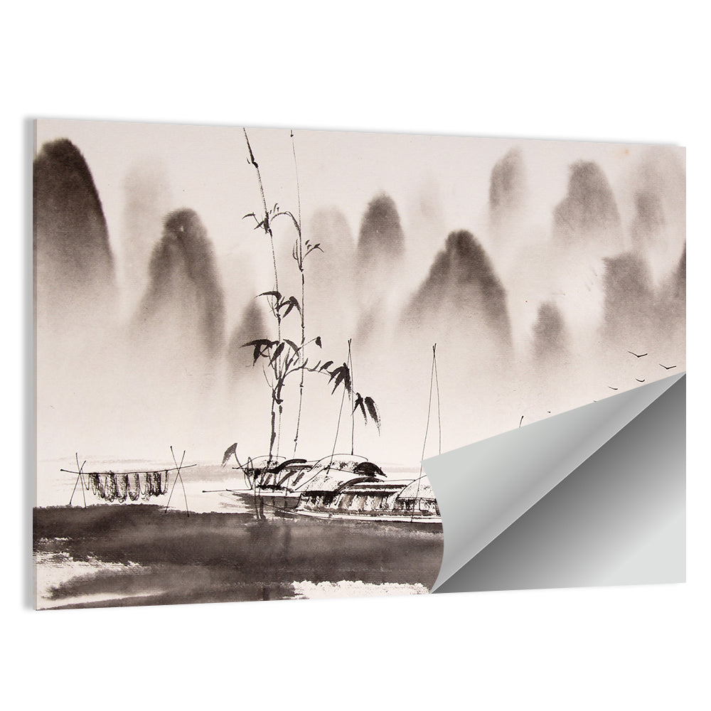 Misty Ink Wash Fishing Boats Wall Art