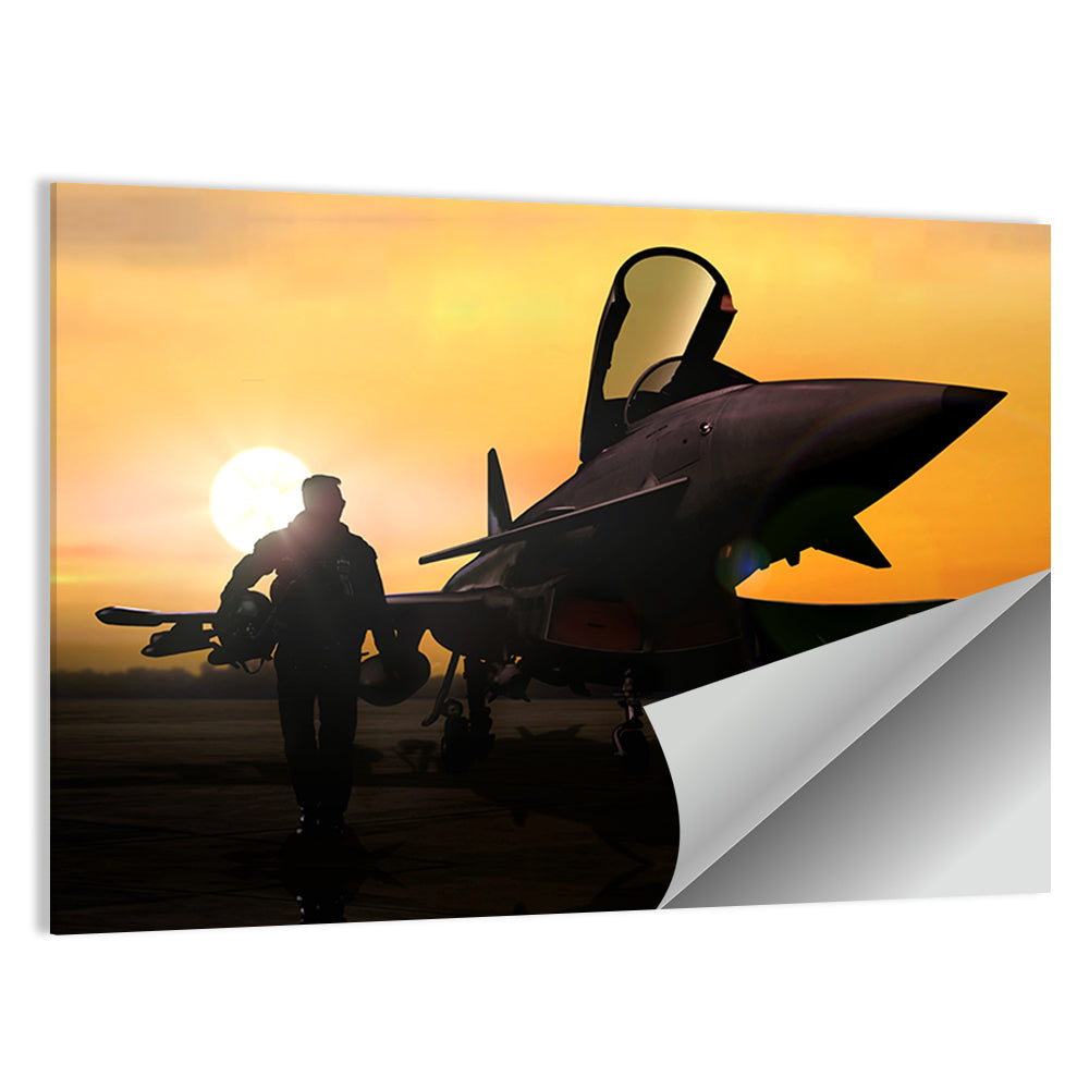 Pilot and Fighter Jet at Sunset Wall Art