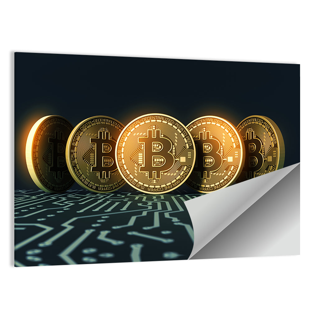 Five Golden Bitcoins on Circuit Board Wall Art