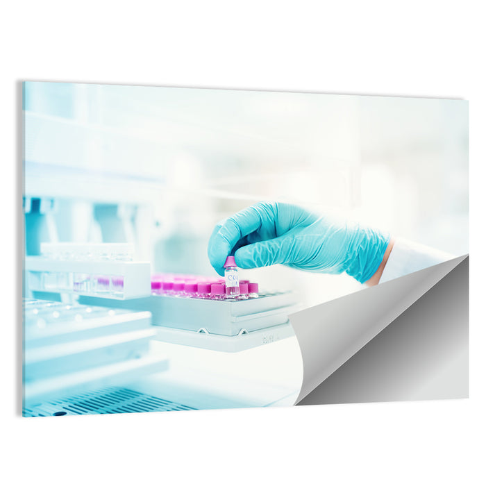 Gloved Hand Placing Vial in Laboratory Wall Art as a poster print