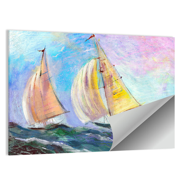 Two Sailboats in Colorful Seascape Wall Art as a poster print