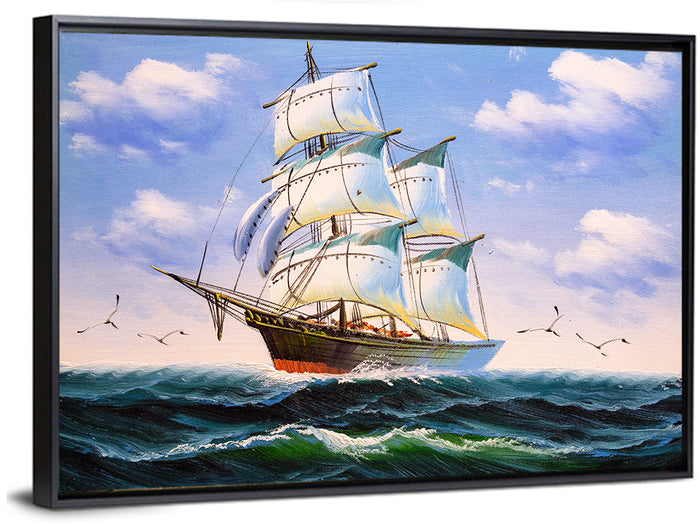 Sailing Ship with White Sails Wall Art as a framed canvas