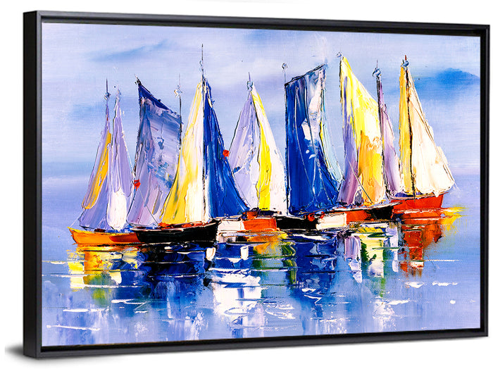 Scenic Sailboats at Sea Wall Art as a framed canvas