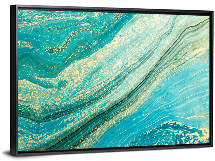 Teal Marble Swirl with Gold Veining Wall Art as a framed canvas
