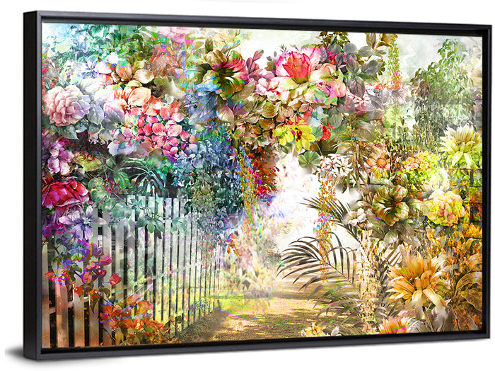 Spring Garden with White Picket Fence Wall Art as a framed canvas