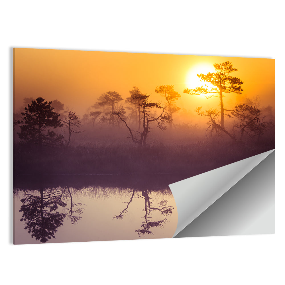 Misty Golden Lake Sunrise Wall Art