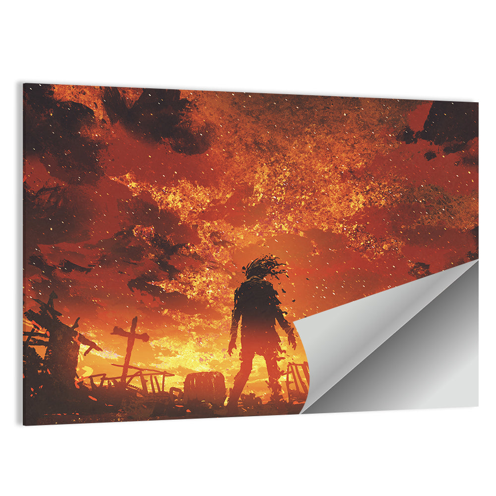 Zombie Walking Through Burnt Cemetery Wall Art