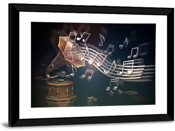 Gramophone with Flowing Musical Staff Wall Art as a framed print