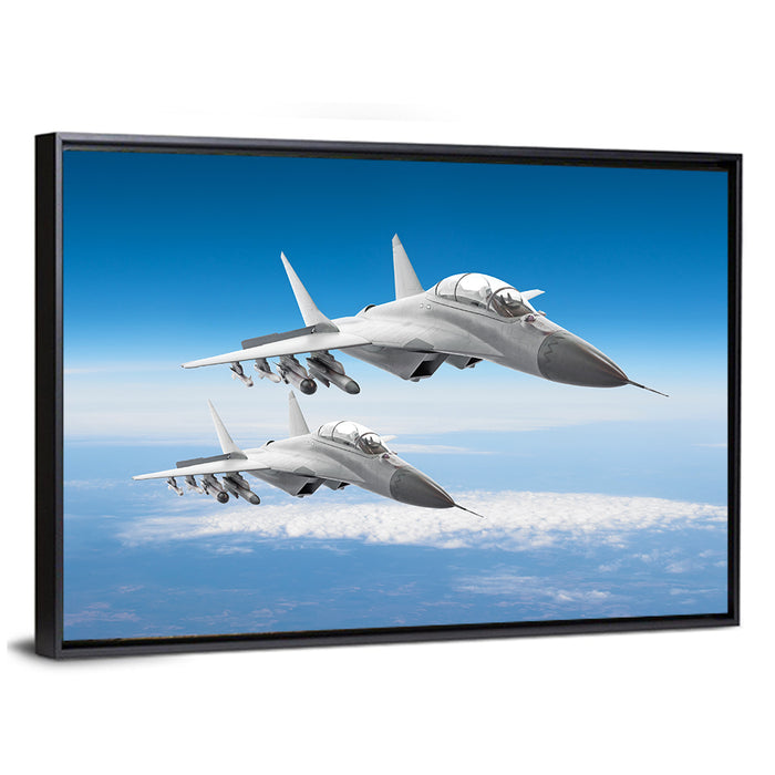 Two Fighter Jets in Formation Wall Art as a framed canvas