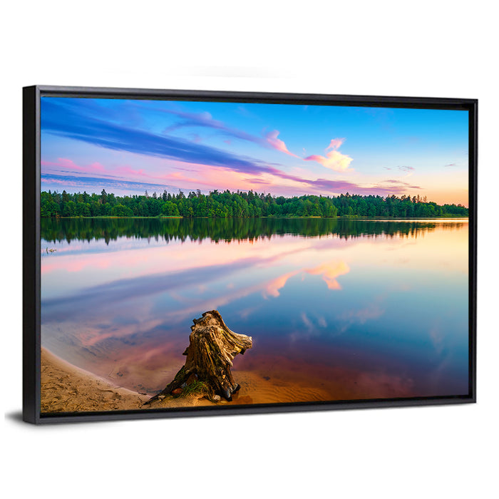 Colorful Sunset Over Forest Lake Wall Art as a framed canvas