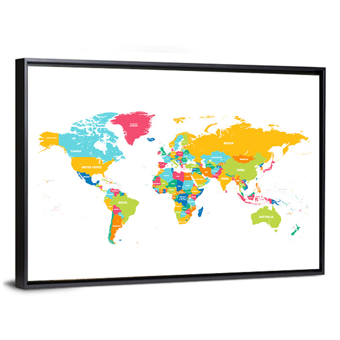 Colorful World Map Wall Art as a framed canvas
