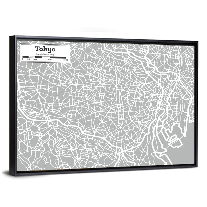 Tokyo Street Grid Map Wall Art as a framed canvas