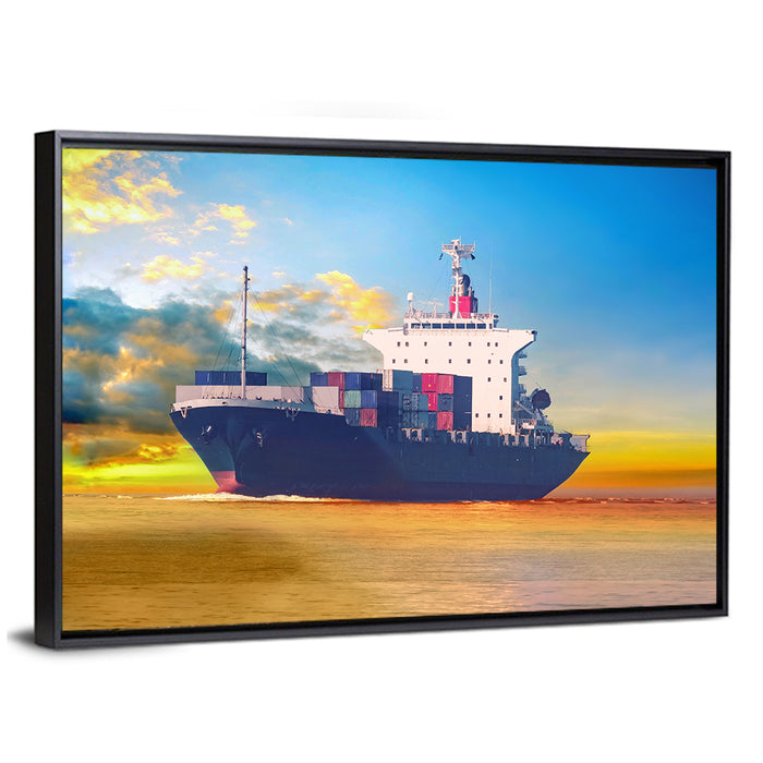 Container Ship at Golden Sunset Wall Art as a framed canvas