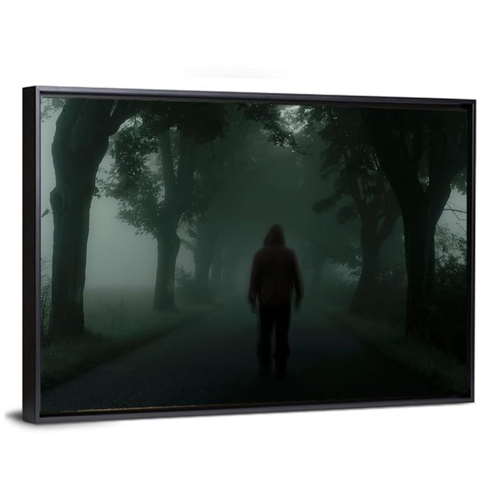 Hooded Silhouette on Foggy Forest Road Wall Art as a framed canvas