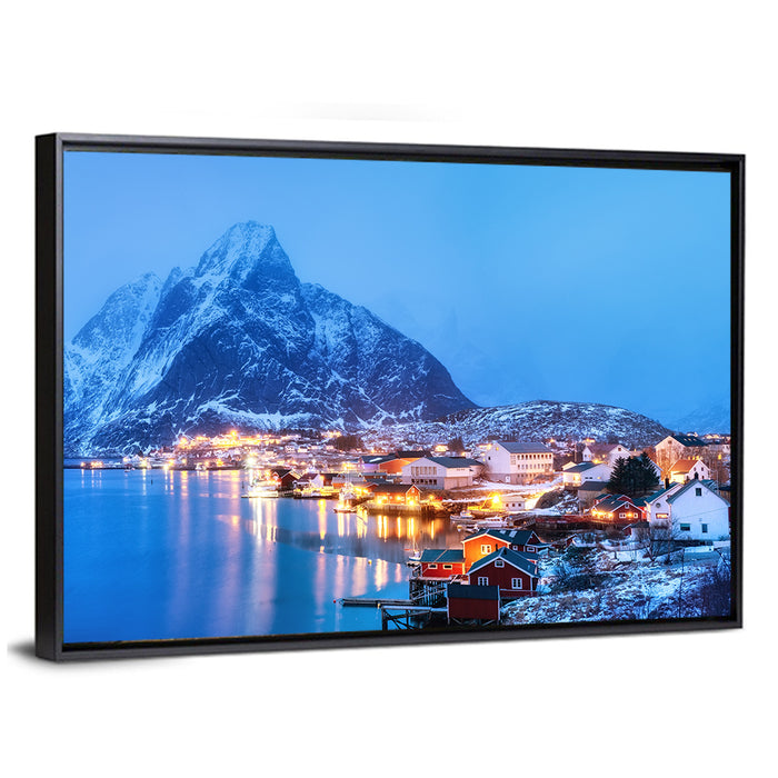 Reine Harbor at Twilight Wall Art as a framed canvas