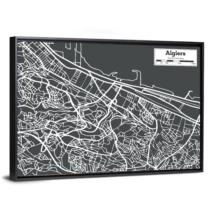 Algiers City Map, Minimal Gray Wall Art as a framed canvas