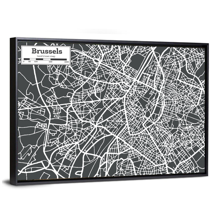 Brussels Street Grid Map Wall Art as a framed canvas