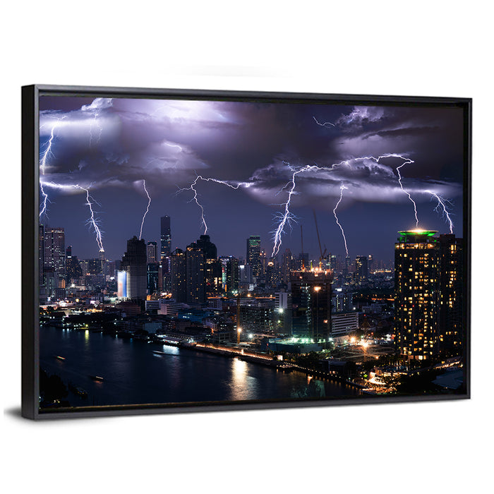 Night Lightning Over River Skyline Wall Art as a framed canvas