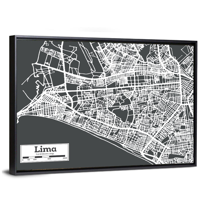 Lima Coastal City Map Wall Art as a framed canvas
