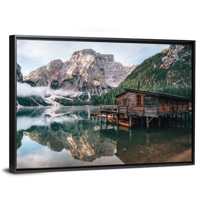 Lago Di Braies Boat House Wall Art as a framed canvas