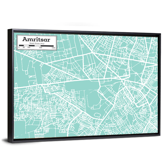 Amritsar Teal City Map Wall Art as a framed canvas