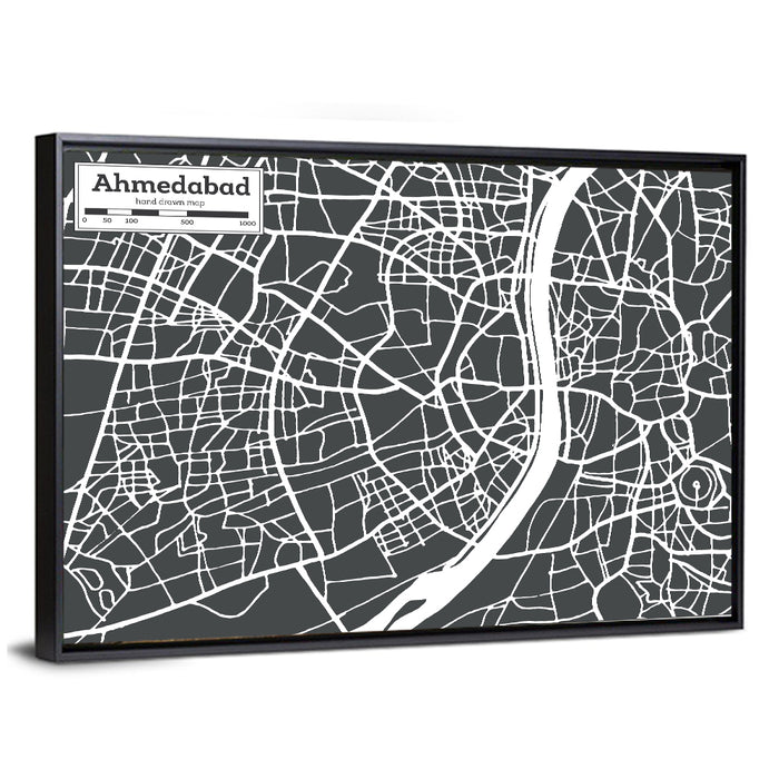 Ahmedabad Aerial Map, Minimalist Gray Wall Art as a framed canvas