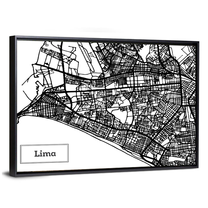 Lima Coastal Street Map Wall Art as a framed canvas