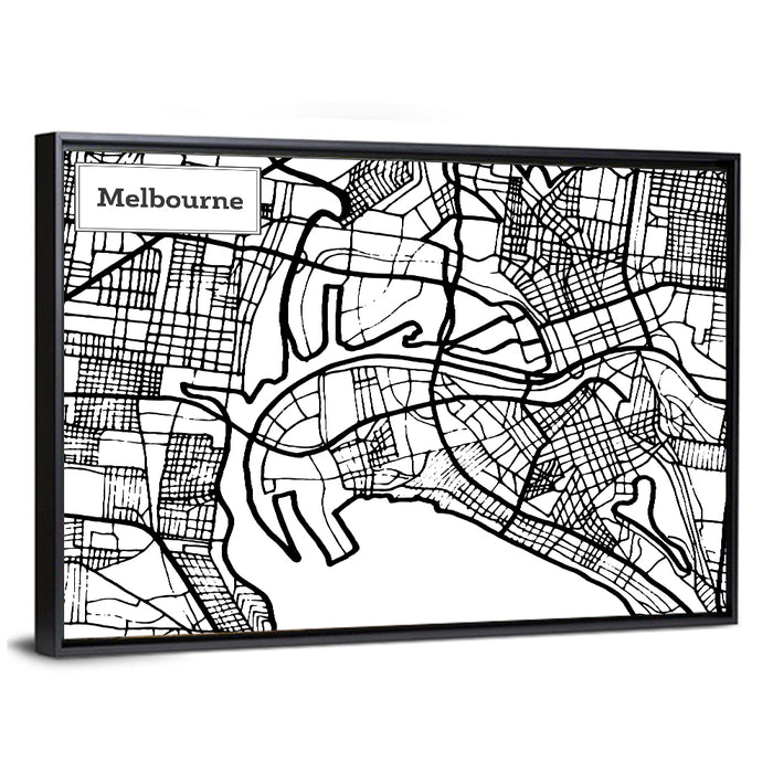 Melbourne Street Grid Map Wall Art as a framed canvas