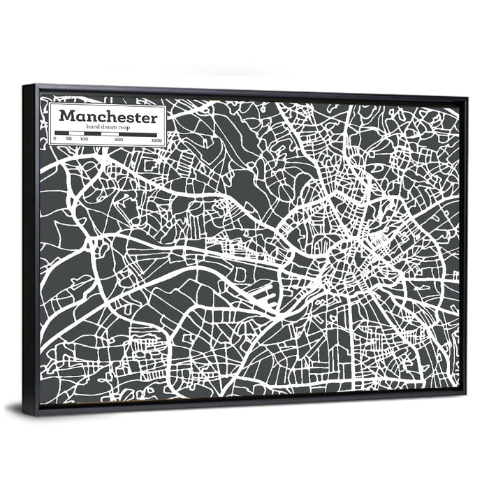Manchester Street Grid Map Wall Art as a framed canvas