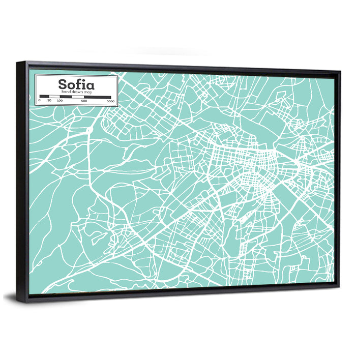 Sofia Teal City Map Wall Art as a framed canvas