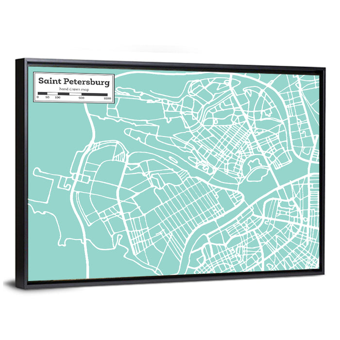 Saint Petersburg Teal City Map Wall Art as a framed canvas