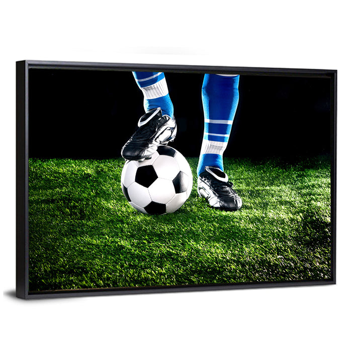 Soccer Ball Underfoot Close-up Wall Art as a framed canvas